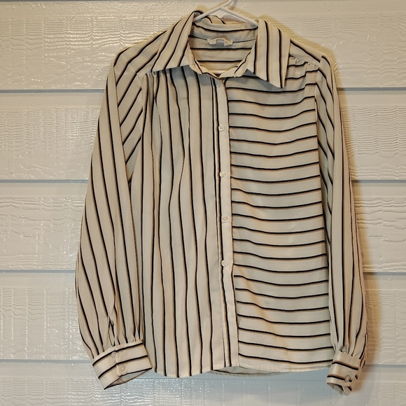 Andree By Unit Womens Small Black White Tan Striped Button Up Blouse Career - Picture 1 of 9